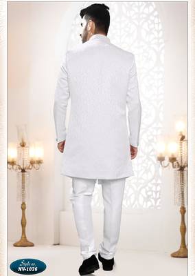 Men's white woven jacquard self design in fabric kurta set 2