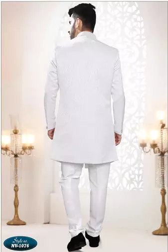 Men's white woven jacquard self design in fabric kurta set