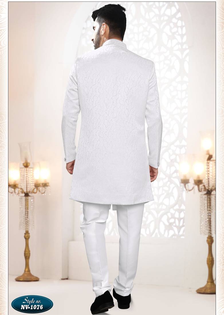 Men's white woven jacquard self design in fabric kurta set