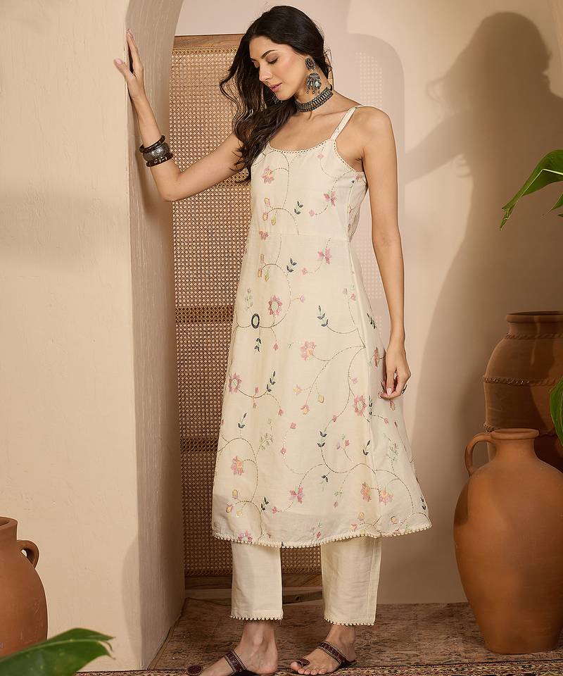 Beige khadi silk embroidered embroidery work top bottom set