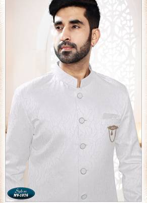 Men's white woven jacquard self design in fabric kurta set 3