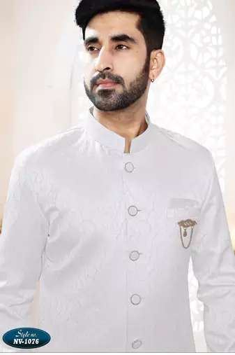 Men's white woven jacquard self design in fabric kurta set