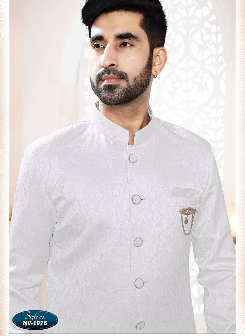 Men's white woven jacquard self design in fabric kurta set