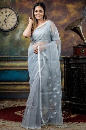 grey woven silk blend cotton zari work all seasons sarees