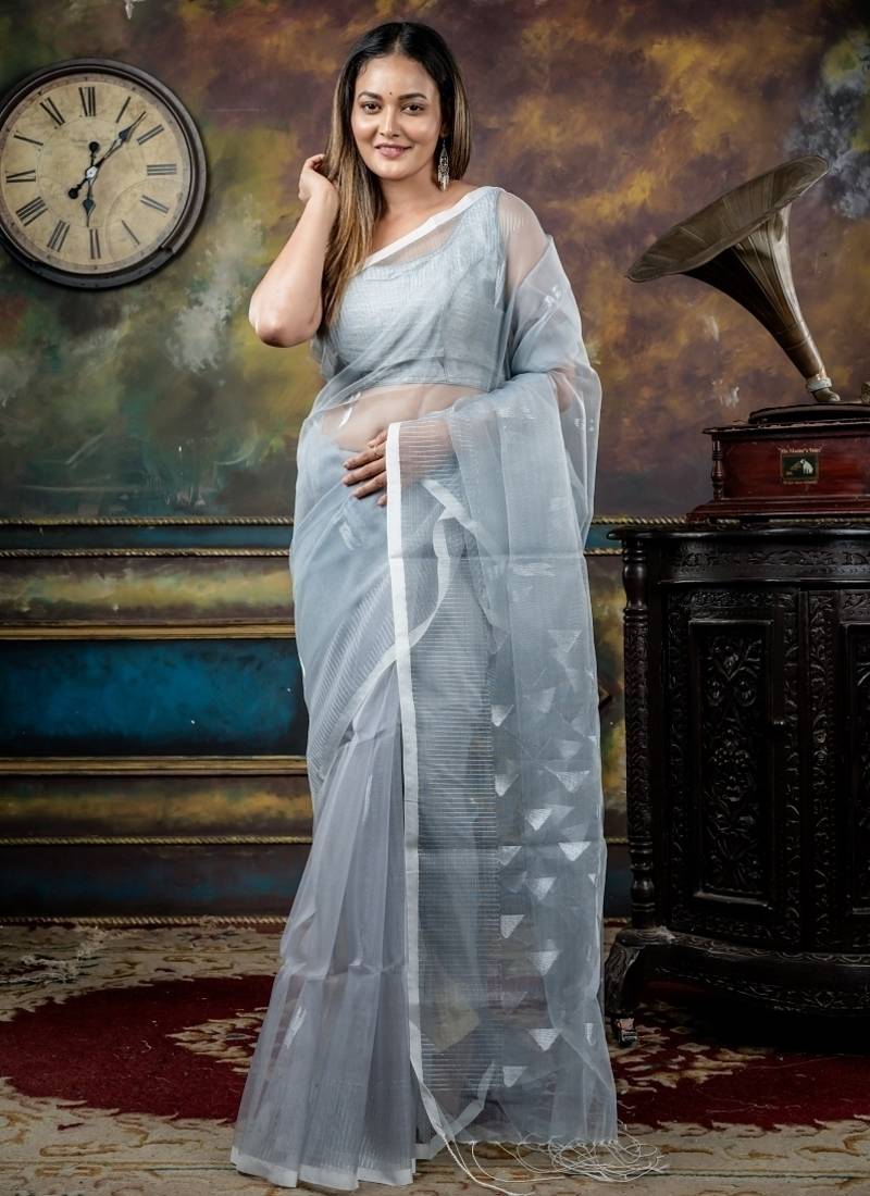 grey woven silk blend cotton zari work all seasons sarees
