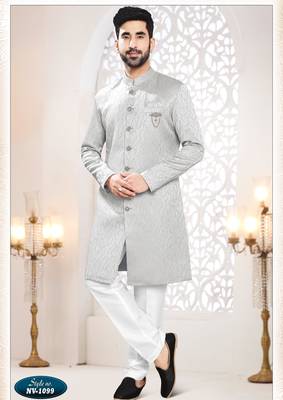 Men's grey woven jacquard self design in fabric kurta set 1