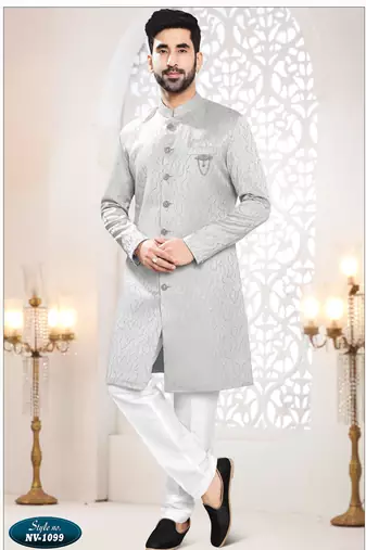 Men's grey woven jacquard self design in fabricSherwani set