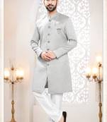 Men's grey woven jacquard self design in fabric kurta set