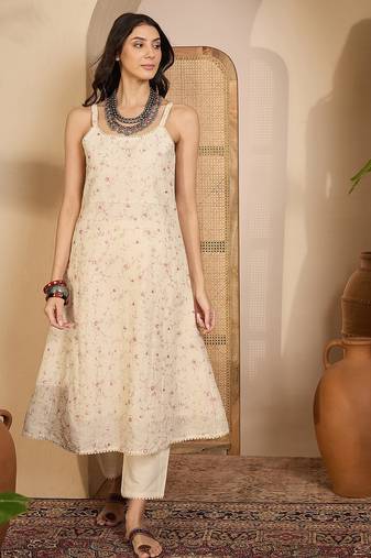 Beige khadi silk embroidered embroidery work top bottom set