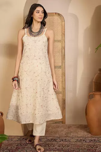 Beige khadi silk embroidered embroidery work top bottom set