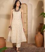 Beige khadi silk embroidered embroidery work top bottom set