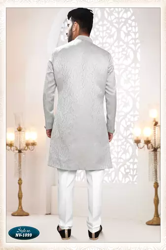 Men's grey woven jacquard self design in fabric kurta set