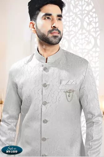 Men's grey woven jacquard self design in fabric kurta set