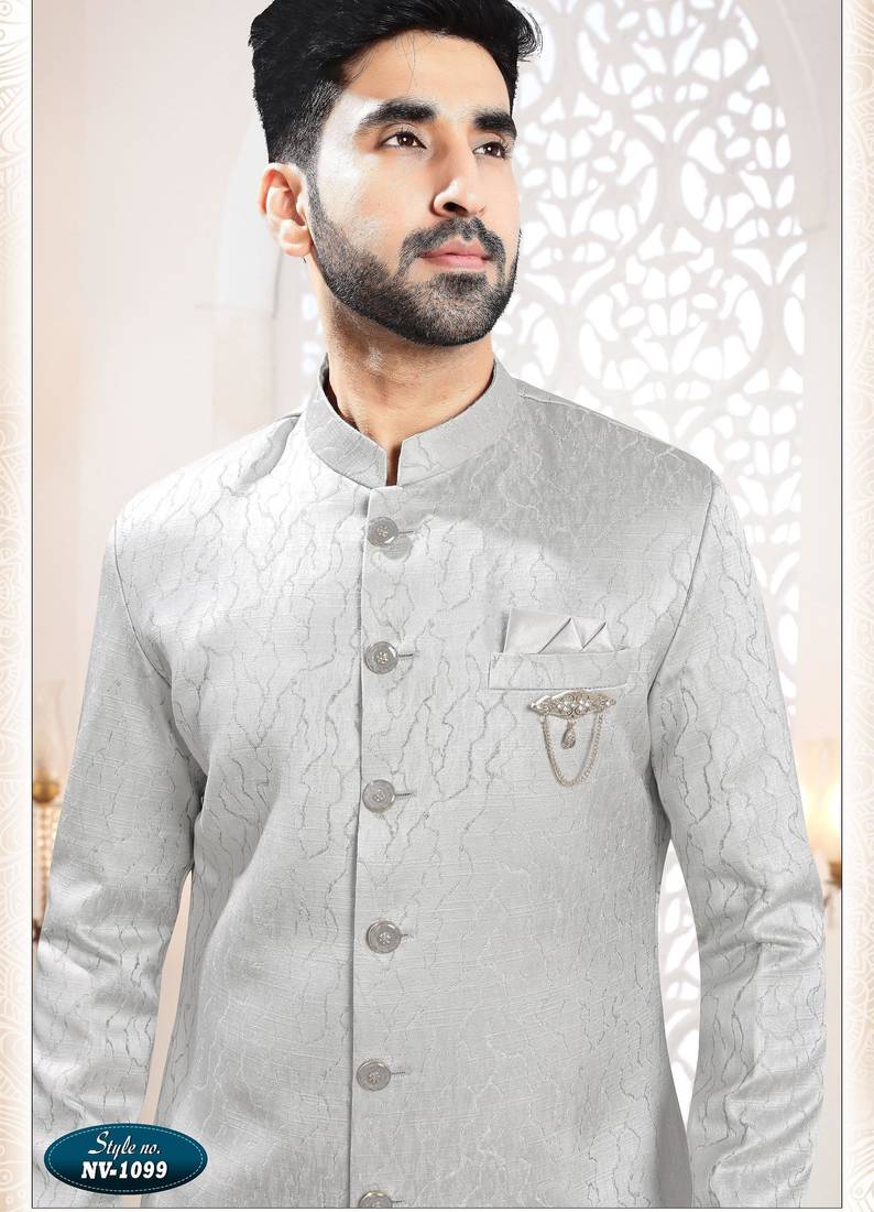 Men's grey woven jacquard self design in fabric kurta set