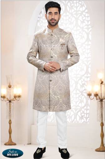 Men's gold & grey woven jacquard self design in fabric kurta set