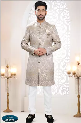Men's gold & grey woven jacquard self design in fabricSherwani set