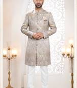Men's gold & grey woven jacquard self design in fabric kurta set