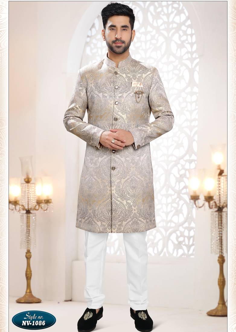 Men's gold & grey woven jacquard self design in fabric kurta set