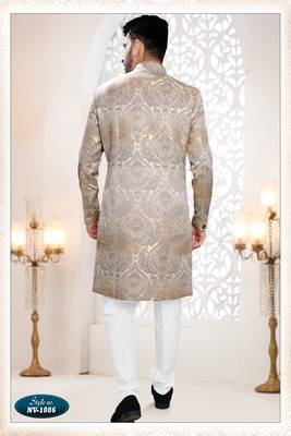 Men's gold & grey woven jacquard self design in fabric kurta set 2