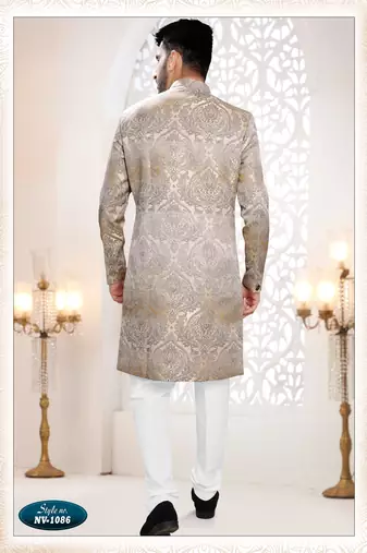 Men's gold & grey woven jacquard self design in fabric kurta set