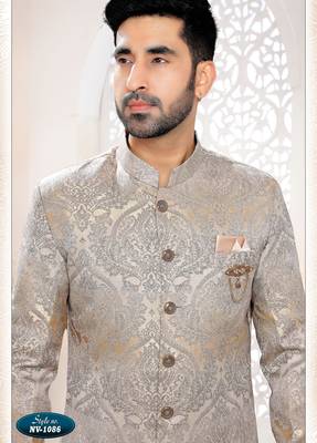 Men's gold & grey woven jacquard self design in fabric kurta set 3