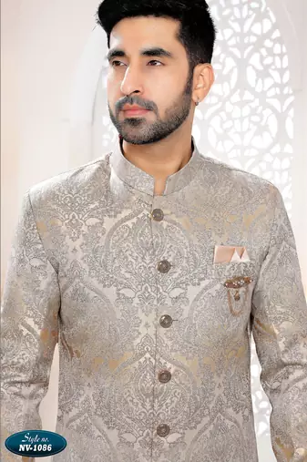 Men's gold & grey woven jacquard self design in fabric kurta set