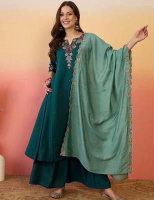 Teal chanderi silk embroidered readymade palazzo dress 1