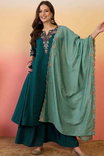 Teal chanderi silk embroidered readymade palazzo dress