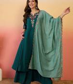 Teal chanderi silk embroidered readymade palazzo dress
