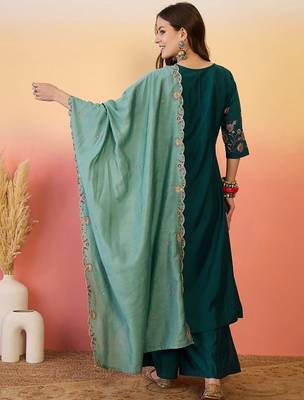 Teal chanderi silk embroidered readymade palazzo dress 2