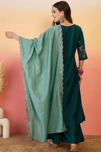 Teal chanderi silk embroidered readymade palazzo dress
