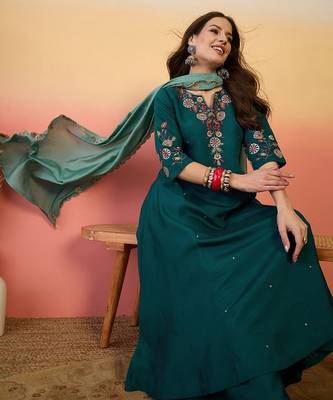 Teal chanderi silk embroidered readymade palazzo dress 3