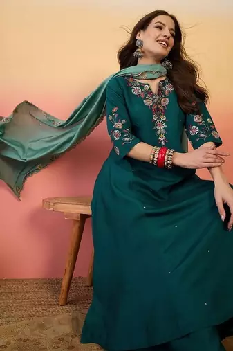 Teal chanderi silk embroidered readymade palazzo dress