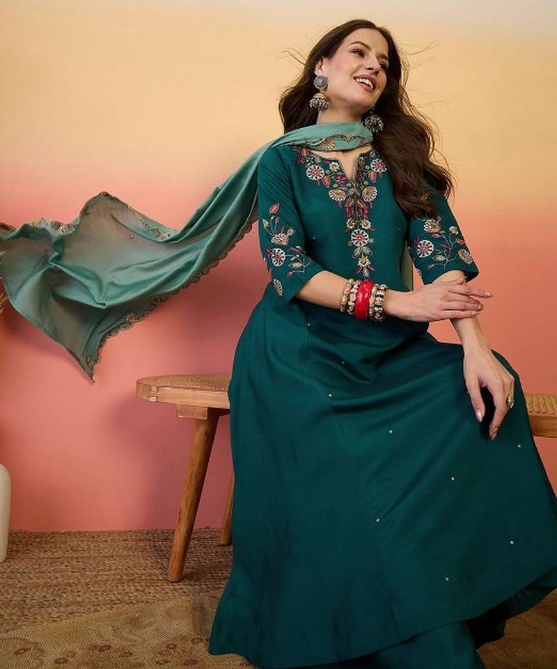 Teal chanderi silk embroidered readymade palazzo dress