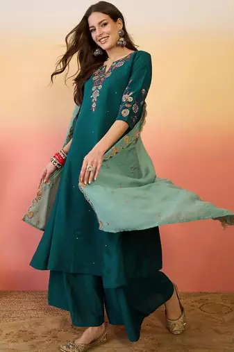Teal chanderi silk embroidered readymade palazzo dress