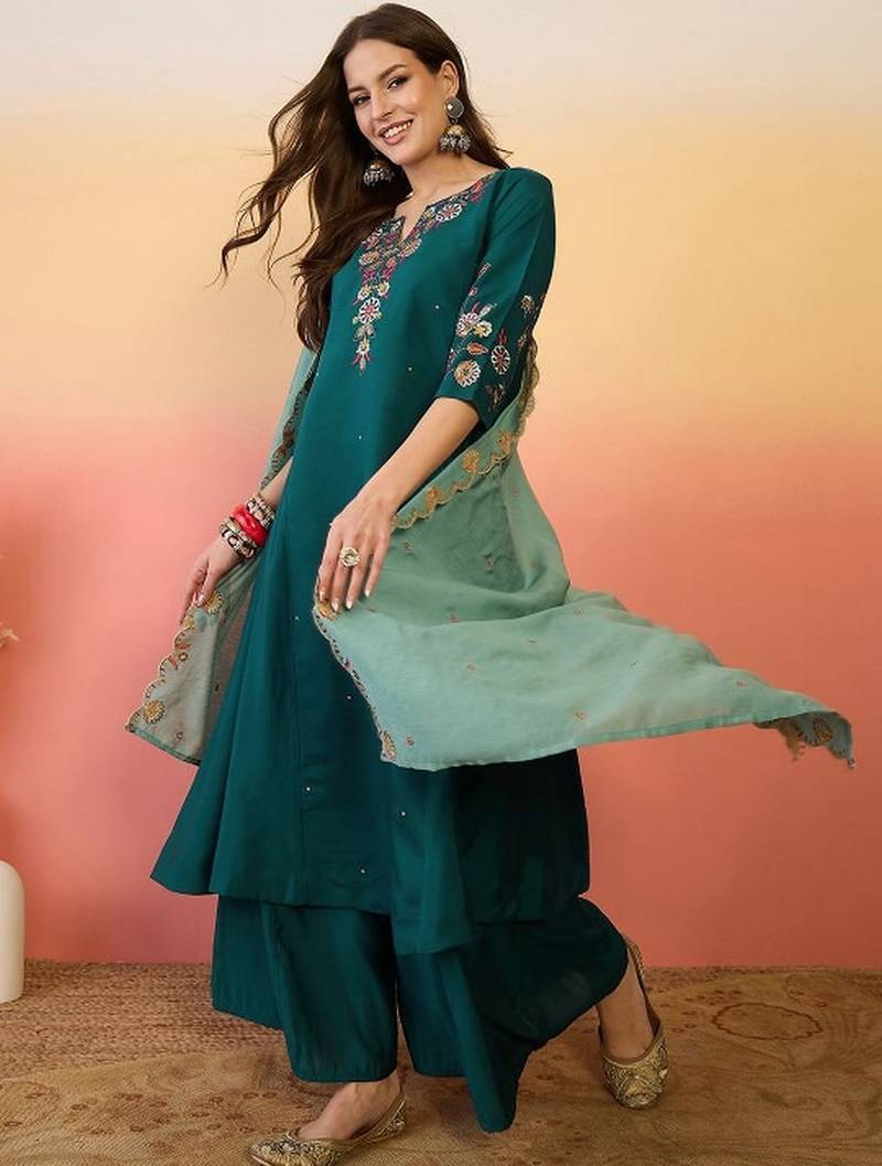 Teal chanderi silk embroidered readymade palazzo dress