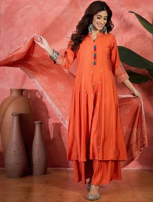 Orange chanderi silk embroidered readymade palazzo dress 1