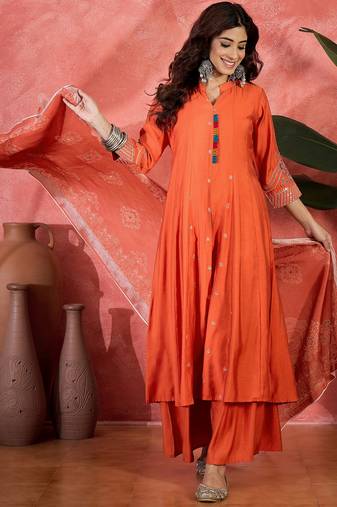 Orange chanderi silk embroidered readymade palazzo dress