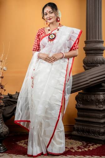 white woven silk blend cotton bengal handloom all seasons sarees