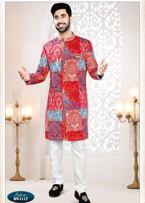 Men's red swad velvet self print design in fabric kurta set 1