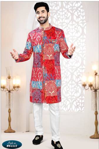 Men's red swad velvet  self print design in fabric kurta set