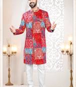 Men's red swad velvet  self print design in fabric kurta set