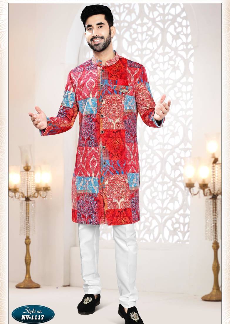Men's red swad velvet  self print design in fabric kurta set