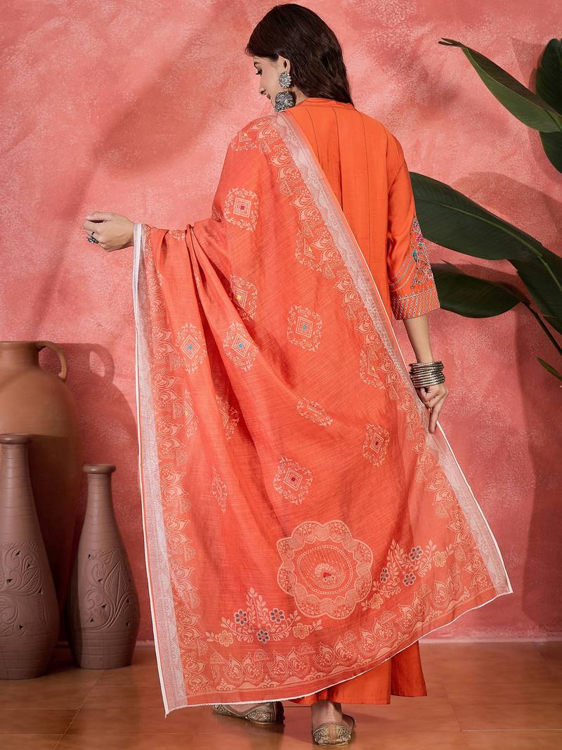 Orange chanderi silk embroidered readymade palazzo dress