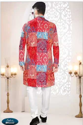 Men's red swad velvet  self print design in fabric kurta set
