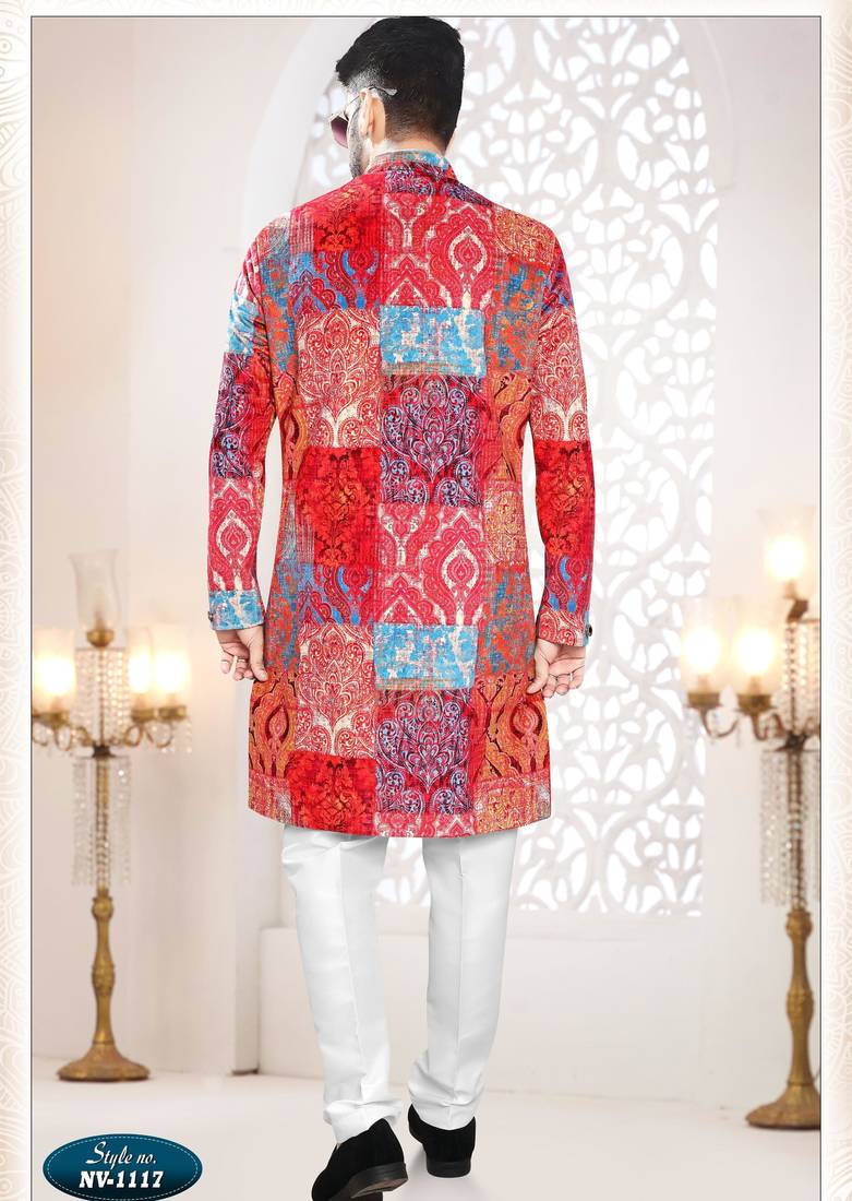 Men's red swad velvet  self print design in fabric kurta set