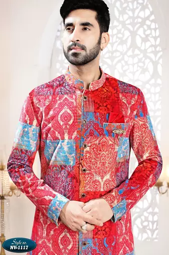 Men's red swad velvet  self print design in fabric kurta set