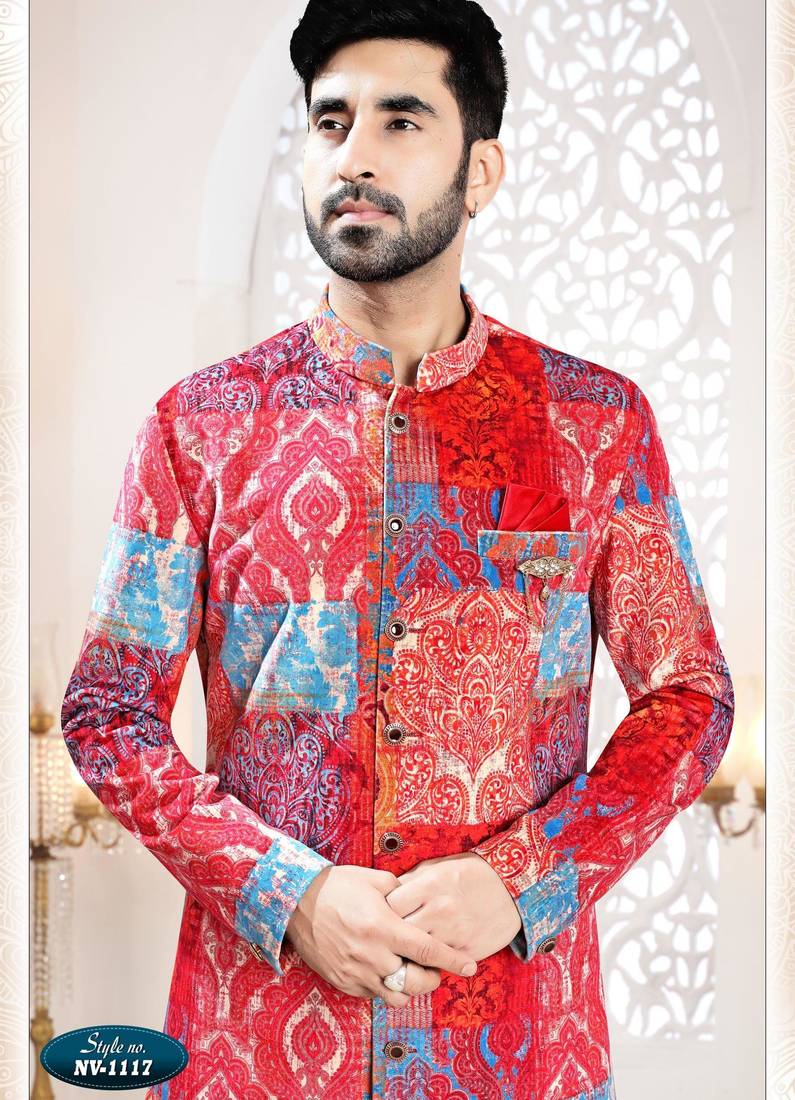 Men's red swad velvet  self print design in fabric kurta set