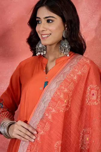 Orange chanderi silk embroidered readymade palazzo dress