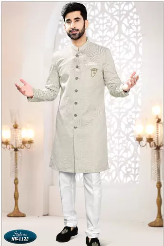 Men's golden woven jacquard self design in fabricSherwani set
